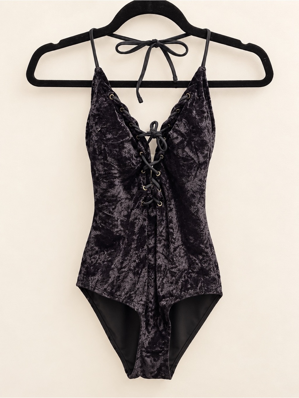 Cabana Sol Black Crushed Velvet Lace Up One Piece Bodysuit Swimsuit S NWOT